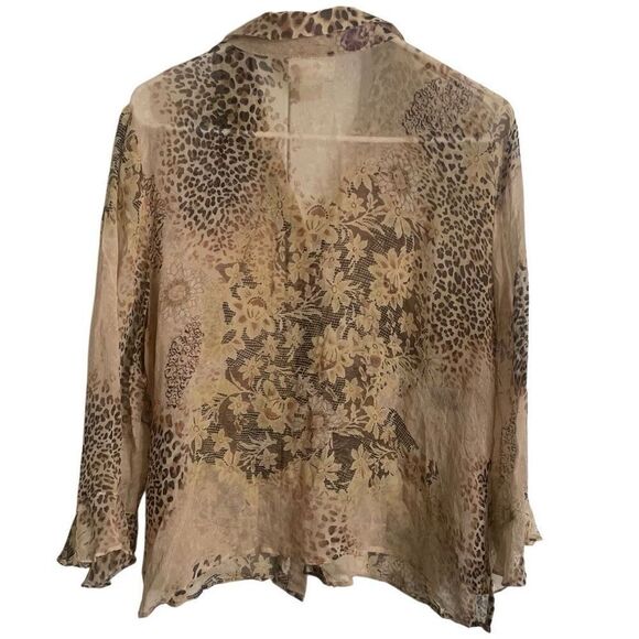 Vtg 90s Womens Sheer Button Down XL Leopard Patchwork Siren 3/4 Ruffle Sleeve - Picture 2 of 4